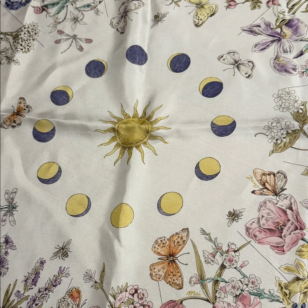 Dior White Silk Scarf with Floral and Sun Design